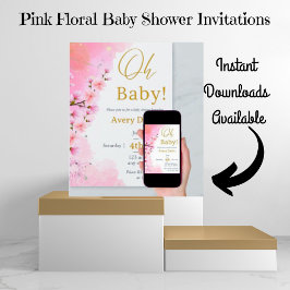Elegant Goud Roze Hondshout Bloemen Baby shower Kaart
