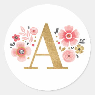 Elegant Goud Roze Monogram Bloemen Letter A Classi Ronde Sticker