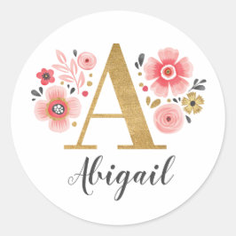 Elegant Goud Roze Monogram Bloemen Letter A Ronde Sticker