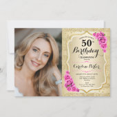 Elegant Goud Roze Rozen Foto 50e Verjaardag Kaart (Voorkant)
