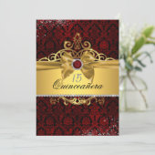 Elegant Goud Ruby Rood Damast Quinceanera Uitnodig Kaart (Staand voorkant)