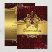 Elegant Goud Ruby Rood Damast Quinceanera Uitnodig Kaart (Voorkant / Achterkant)