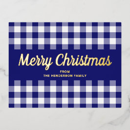 Elegant goud schrift blauw gingham vrolijk kerstfe folie feestdagen briefkaart