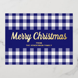 Elegant goud schrift blauw gingham vrolijk kerstfe folie feestdagen briefkaart