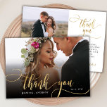 Elegant Goud Script 2 Foto Bruiloft Dank u Kaart<br><div class="desc">Moderne Boho Elegant Chique Goud Kalligrafie Script Bruiloft 2 Foto Dank u kaart. Stijlvolle bruiloft dank u sjabloon met een volledige verticale foto op de voorkant met de tekst "Thank You" in een grillige wervelende hand belettering typografie script swash tail font FAUX gouden folie overlay op het afbeelding en een...</div>