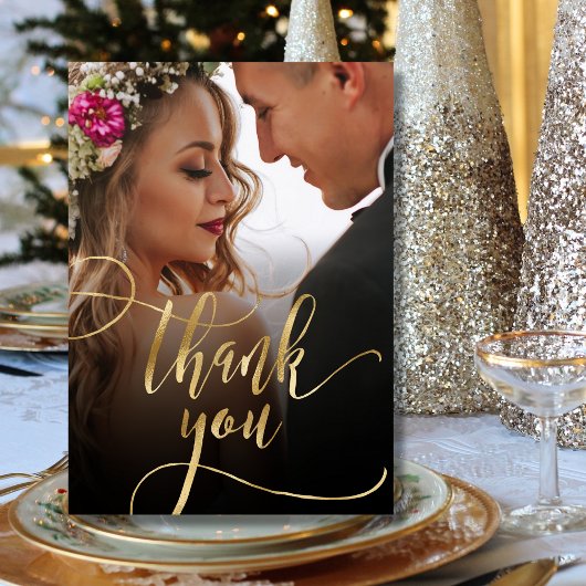 Elegant Goud Script 2 Foto Bruiloft Dank u Kaart