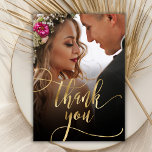 Elegant Goud Script 2 Foto Bruiloft Dank u Kaart<br><div class="desc">Moderne Boho Chic Gold Kalligrafie Script 2 Foto Bruiloft Dank je Kaart. Stijlvolle bruiloft dank u sjabloon met een volledige verticale foto op de voorkant met de tekst "Thank You" in een grillige wervelende hand belettering typografie swash tail font script faux gouden folie overlay op het afbeelding. 2-zijdige kaart met...</div>