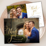 Elegant Goud Script 2 Foto Bruiloft Dank u Kaart<br><div class="desc">Elegant chique moderne boho gouden kalligrafie script bruiloft 2 foto dank u kaart. Stijlvolle bruiloft dank u sjabloon met een volledige verticale foto op de voorkant met de tekst "Thank You" in een grillige wervelende hand belettering typografie script swash tail font overlay op het afbeelding en een achterkant een (1)...</div>