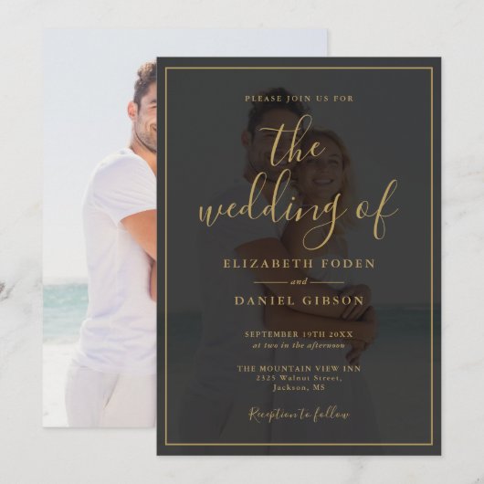 Elegant Goud Script 2 Foto Bruiloft Kaart (Voorkant / Achterkant)