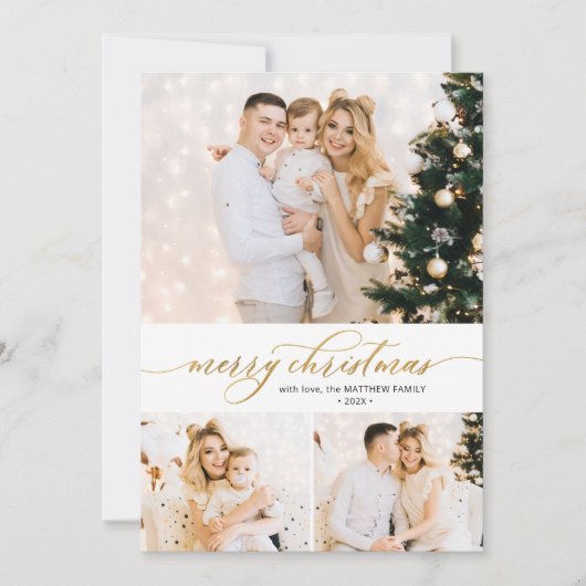 Elegant Goud Script 3 Fotocollage Kerst Kaart (Voorkant)