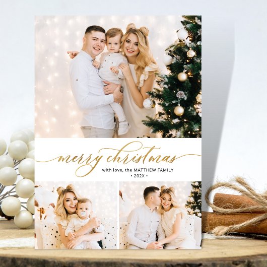 Elegant Goud Script 3 Fotocollage Kerst Kaart