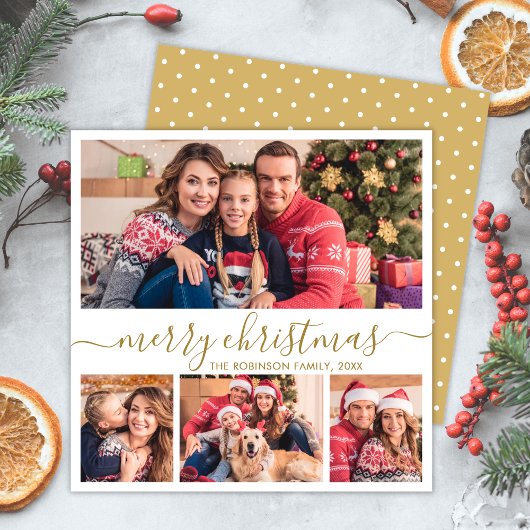 Elegant Goud Script 4 Fotocollage Kerstmis Feestdagenkaart