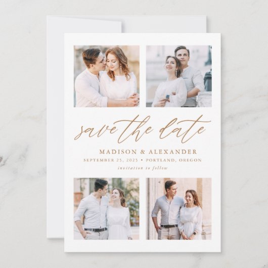 Elegant Goud Script 4 Fotocollage Save The Date (Voorkant)