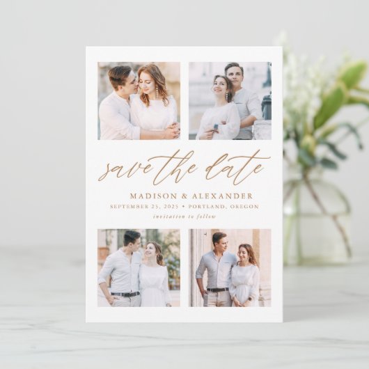 Elegant Goud Script 4 Fotocollage Save The Date (Staand voorkant)