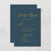 Elegant Goud Script Blauw Minimalistisch Bruiloft RSVP Kaartje (Voorkant / Achterkant)