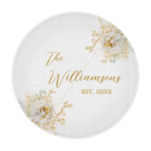 Elegant Goud Script Bloemen Custom Ingesteld Jaar Snijplank (Voorkant)