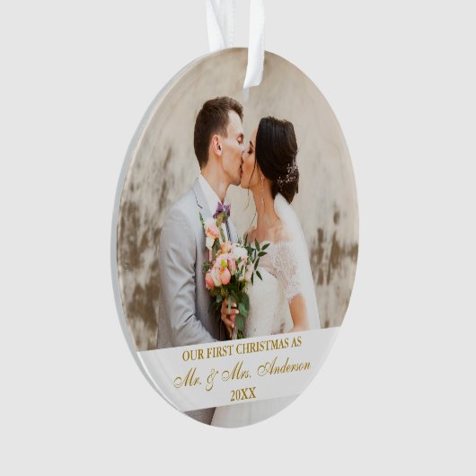 Elegant Goud Script Eerste Kerstmis 2 Foto Ornament (voorkant)