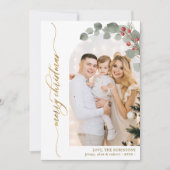 Elegant Goud Script Foliage Foto Arch Kerstmis Feestdagenkaart (Voorkant)