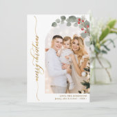 Elegant Goud Script Foliage Foto Arch Kerstmis Feestdagenkaart (Staand voorkant)