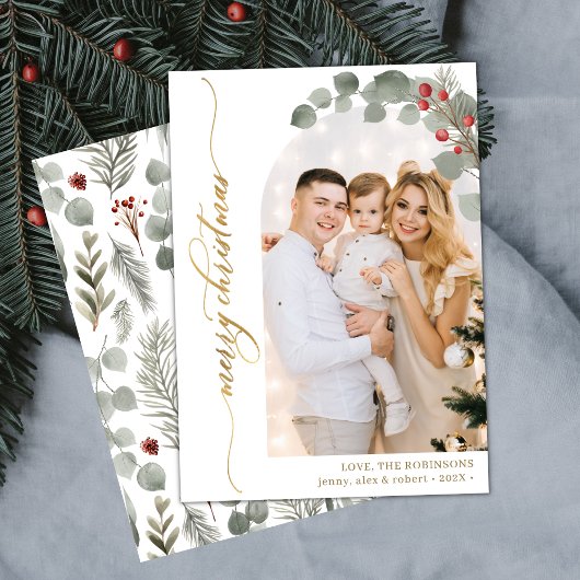 Elegant Goud Script Foliage Foto Arch Kerstmis Feestdagenkaart