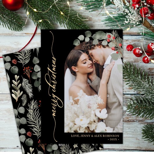 Elegant Goud Script Foliage Foto Arch Kerstmis Feestdagenkaart