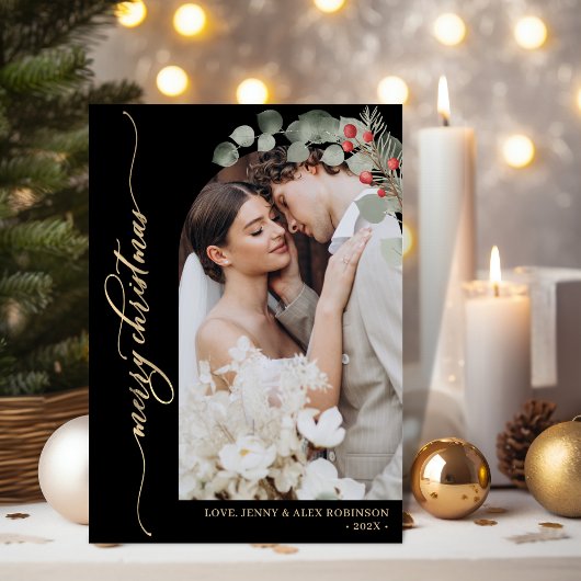 Elegant Goud Script Foliage Foto Arch Kerstmis Feestdagenkaart