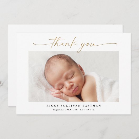 Elegant Goud Script Foto Baby Bedankkaart (Voorkant / Achterkant)
