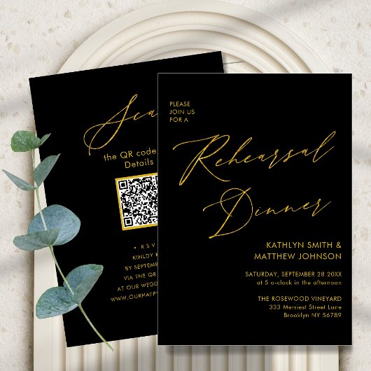 Elegant Goud Script Grijs Repetitie Diner QR code Kaart