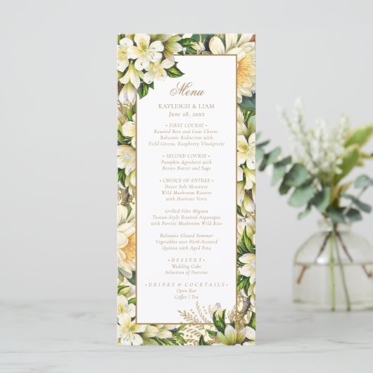 Elegant  Goud Script Groen Bruiloft Menu (Staand voorkant)