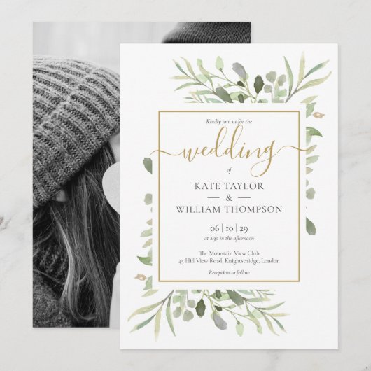 Elegant Goud Script groen laat foto bruiloft Kaart (Voorkant / Achterkant)
