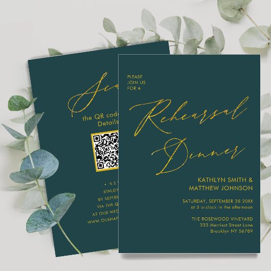 Elegant Goud Script Groen Repetitie Diner QR code Kaart