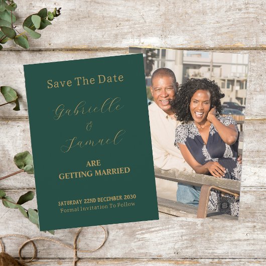 Elegant Goud Script Koppel Foto Groen Save The Date