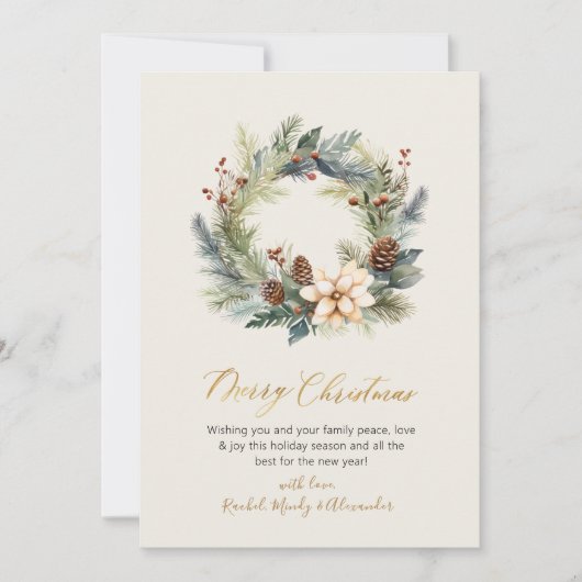 Elegant Goud Script Krans Groen Kerstmis Kaart (Voorkant)