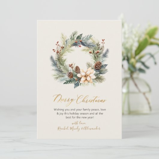 Elegant Goud Script Krans Groen Kerstmis Kaart (Staand voorkant)