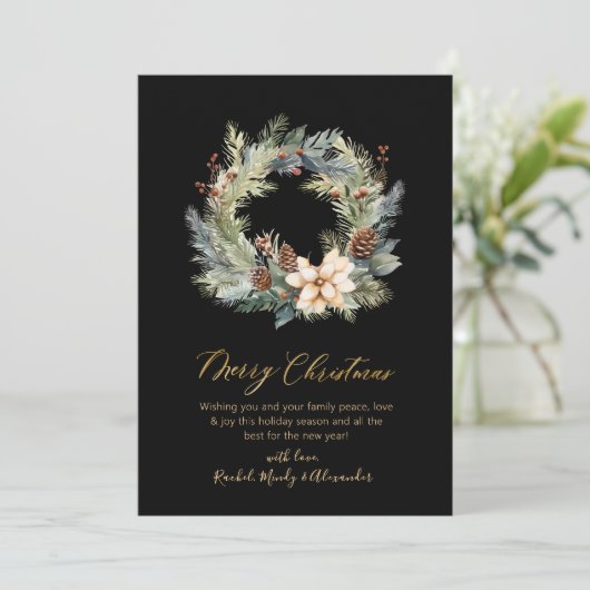 Elegant Goud Script Krans Groen Kerstmis Kaart (Staand voorkant)