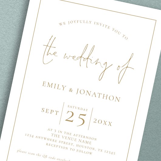 Elegant Goud Script Lijn Rand QR Code Bruiloft Kaart