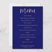 Elegant Goud Script Marine Blauw Bruiloft Menu Kaart (Voorkant)