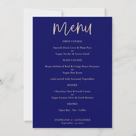 Elegant Goud Script Marine Blauw Bruiloft Menu Kaart (Voorkant)