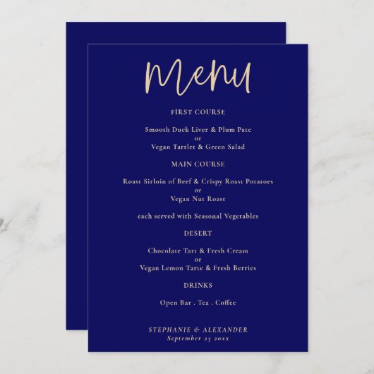 Elegant Goud Script Marine Blauw Bruiloft Menu Kaart (Voorkant / Achterkant)