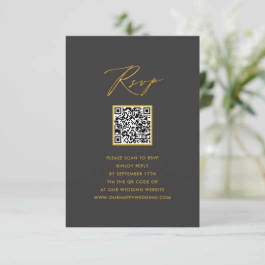 Elegant Goud Script Modern Grijs QR Bruiloft RSVP (Staand voorkant)