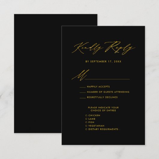 Elegant Goud Script Modern Zwart Bruiloft RSVP Informatiekaartje (Voorkant / Achterkant)