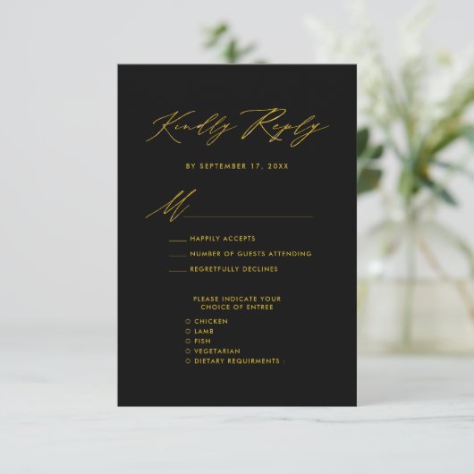 Elegant Goud Script Modern Zwart Bruiloft RSVP Informatiekaartje (Staand voorkant)