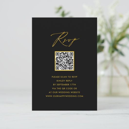 Elegant Goud Script Modern Zwart QR Bruiloft RSVP (Staand voorkant)