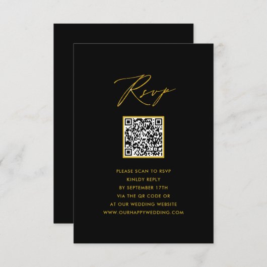 Elegant Goud Script Modern Zwart QR Bruiloft RSVP (Voorkant / Achterkant)