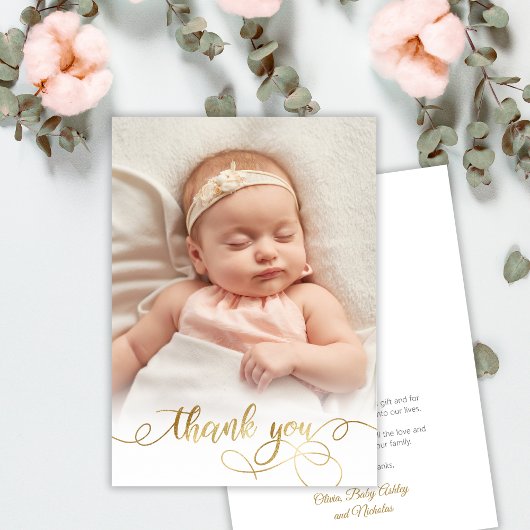 Elegant Goud Script Newborn Baby Foto Dank u Bedankkaart