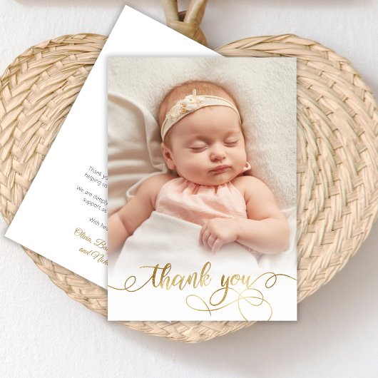 Elegant Goud Script Newborn Baby Foto Dank u Bedankkaart