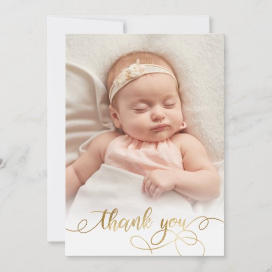 Elegant Goud Script Newborn Baby Foto Dank u Bedankkaart (Voorkant)