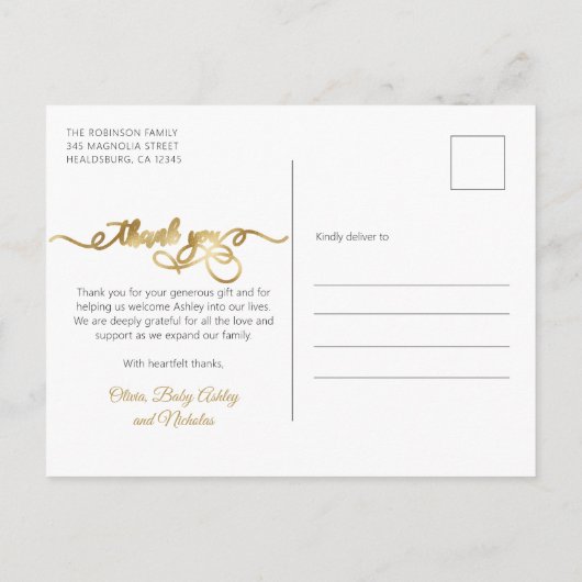 Elegant Goud Script Newborn Baby Foto Dank u Briefkaart (Achterkant)