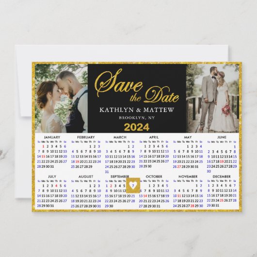 Elegant Goud Script op Zwart 2 Foto 2024 Kalender Save The Date (Voorkant)