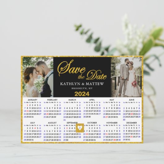 Elegant Goud Script op Zwart 2 Foto 2024 Kalender Save The Date (Staand voorkant)